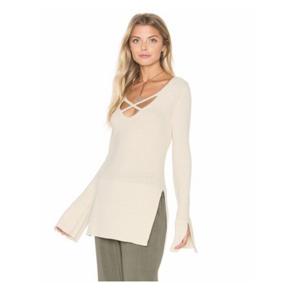 Free People  Criss Cross Front Longline Tunic Sweater‎ oatmeal cream  XS …